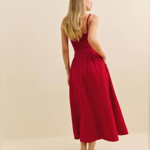 NEW Reformation Katarin Linen Midi Dress Lipstick Red Lace Detail | size 2 - Picture 3 of 12